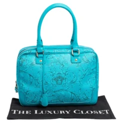 Versace Turquoise Printed Coated Canvas And Leather Zip Boston Bag For Women -Versace Official Website luxury women versace used handbags p488282 007