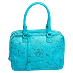 Versace Turquoise Printed Coated Canvas And Leather Zip Boston Bag For Women