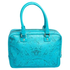 Versace Turquoise Printed Coated Canvas And Leather Zip Boston Bag For Women -Versace Official Website luxury women versace used handbags p488282 010