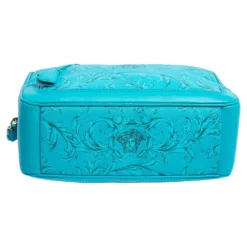 Versace Turquoise Printed Coated Canvas And Leather Zip Boston Bag For Women -Versace Official Website luxury women versace used handbags p488282 011