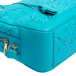 Versace Turquoise Printed Coated Canvas And Leather Zip Boston Bag For Women -Versace Official Website luxury women versace used handbags p488282 012