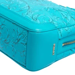 Versace Turquoise Printed Coated Canvas And Leather Zip Boston Bag For Women -Versace Official Website luxury women versace used handbags p488282 013