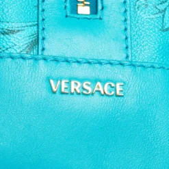 Versace Turquoise Printed Coated Canvas And Leather Zip Boston Bag For Women -Versace Official Website luxury women versace used handbags p488282 014