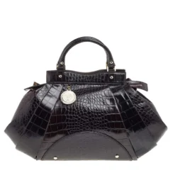 Versace Black Croc Embossed Leather Satchel For Women