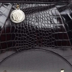 Versace Black Croc Embossed Leather Satchel For Women -Versace Official Website luxury women versace used handbags p491900 1631182292 007