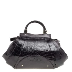 Versace Black Croc Embossed Leather Satchel For Women -Versace Official Website luxury women versace used handbags p491900 1631182299 009