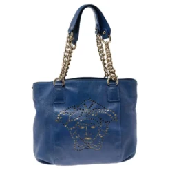 Versace Blue Perforated Logo Leather Chain Tote For Women