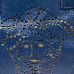Versace Blue Perforated Logo Leather Chain Tote For Women -Versace Official Website luxury women versace used handbags p493671 008