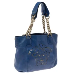 Versace Blue Perforated Logo Leather Chain Tote For Women -Versace Official Website luxury women versace used handbags p493671 009