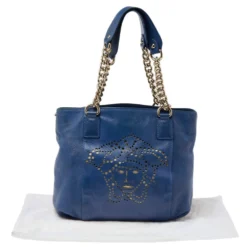 Versace Blue Perforated Logo Leather Chain Tote For Women -Versace Official Website luxury women versace used handbags p493671 011
