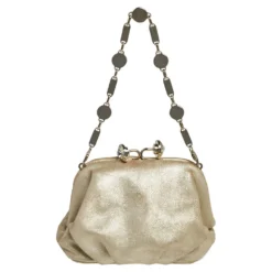 Versace Metallic Gold Leather Kiss Lock Chain Pochette For Women