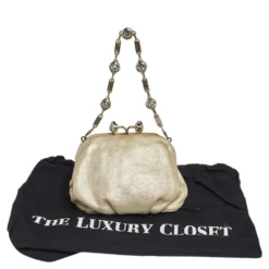 Versace Metallic Gold Leather Kiss Lock Chain Pochette For Women -Versace Official Website luxury women versace used handbags p498460 010