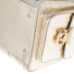 Versace Metallic Gold Ostrich Embossed Leather Snap Out Of It Satchel For Women -Versace Official Website luxury women versace used handbags p498631 003