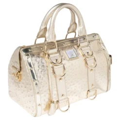 Versace Metallic Gold Ostrich Embossed Leather Snap Out Of It Satchel For Women -Versace Official Website luxury women versace used handbags p498631 005