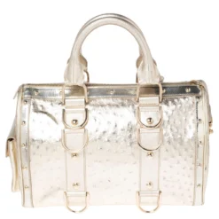 Versace Metallic Gold Ostrich Embossed Leather Snap Out Of It Satchel For Women -Versace Official Website luxury women versace used handbags p498631 006