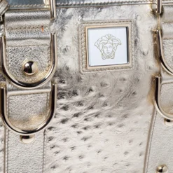 Versace Metallic Gold Ostrich Embossed Leather Snap Out Of It Satchel For Women -Versace Official Website luxury women versace used handbags p498631 010