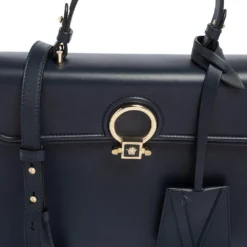 Versace Navy Blue/Orange Leather And Suede DV One Top Handle Bag For Women -Versace Official Website luxury women versace used handbags p498633 006