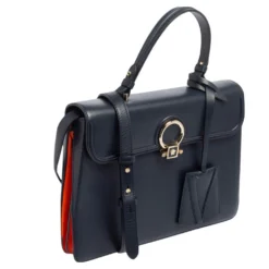 Versace Navy Blue/Orange Leather And Suede DV One Top Handle Bag For Women -Versace Official Website luxury women versace used handbags p498633 007