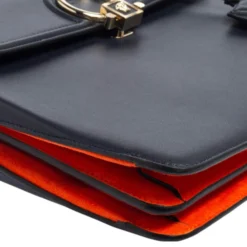 Versace Navy Blue/Orange Leather And Suede DV One Top Handle Bag For Women -Versace Official Website luxury women versace used handbags p498633 010