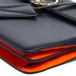 Versace Navy Blue/Orange Leather And Suede DV One Top Handle Bag For Women -Versace Official Website luxury women versace used handbags p498633 011