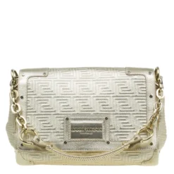 Versace Gold Embossed Leather Flap Shoulder Bag For Women