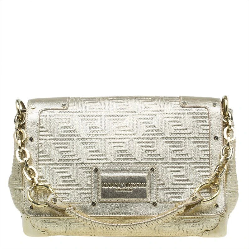 Versace Gold Embossed Leather Flap Shoulder Bag For Women 1 Versace Gold Embossed Leather Flap Shoulder Bag For Women