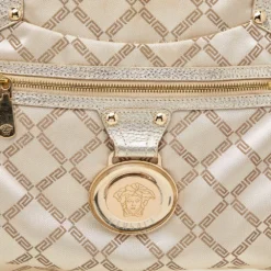 Versace Metallic Gold Signature Canvas And Leather Shoulder Bag For Women -Versace Official Website luxury women versace used handbags p505487 001