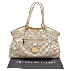 Versace Metallic Gold Signature Canvas And Leather Shoulder Bag For Women -Versace Official Website luxury women versace used handbags p505487 008