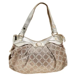 Versace Gold Monogram Fabric And Leather Logo Plate Hobo For Women