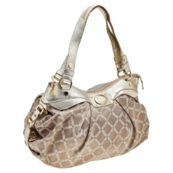Versace Gold Monogram Fabric And Leather Logo Plate Hobo For Women -Versace Official Website luxury women versace used handbags p511850 004
