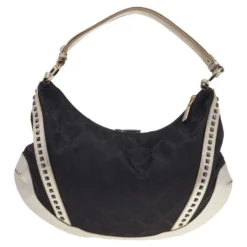 Versace Metallic Silver/Black Signature Canvas And Leather Studded Hobo For Women -Versace Official Website luxury women versace used handbags p514374 006
