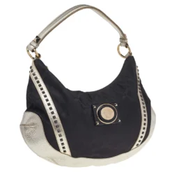 Versace Metallic Silver/Black Signature Canvas And Leather Studded Hobo For Women -Versace Official Website luxury women versace used handbags p514374 008