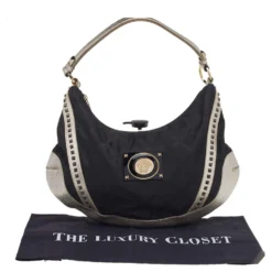 Versace Metallic Silver/Black Signature Canvas And Leather Studded Hobo For Women -Versace Official Website luxury women versace used handbags p514374 010