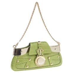 Versace Green Croc Embossed Leather Chain Clutch For Women -Versace Official Website luxury women versace used handbags p514385 007