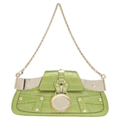 Versace Green Croc Embossed Leather Chain Clutch For Women