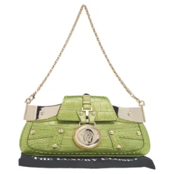 Versace Green Croc Embossed Leather Chain Clutch For Women -Versace Official Website luxury women versace used handbags p514385 012