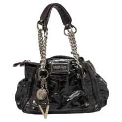 Versace Burgundy Patent Croc Embossed Leather Chain Satchel For Women