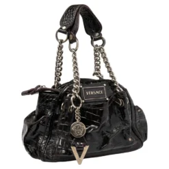 Versace Burgundy Patent Croc Embossed Leather Chain Satchel For Women -Versace Official Website luxury women versace used handbags p514438 009