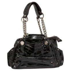 Versace Burgundy Patent Croc Embossed Leather Chain Satchel For Women -Versace Official Website luxury women versace used handbags p514438 010