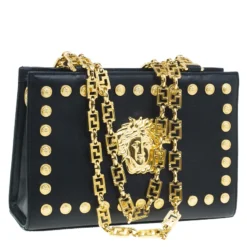 Gianni Versace Black Leather Vintage Studs Medusa Shoulder Bag For Women -Versace Official Website luxury women versace used handbags p51719 003