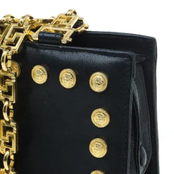 Gianni Versace Black Leather Vintage Studs Medusa Shoulder Bag For Women -Versace Official Website luxury women versace used handbags p51719 006