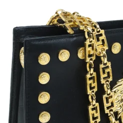Gianni Versace Black Leather Vintage Studs Medusa Shoulder Bag For Women -Versace Official Website luxury women versace used handbags p51719 007