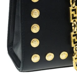 Gianni Versace Black Leather Vintage Studs Medusa Shoulder Bag For Women -Versace Official Website luxury women versace used handbags p51719 010