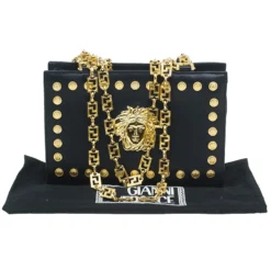 Gianni Versace Black Leather Vintage Studs Medusa Shoulder Bag For Women -Versace Official Website luxury women versace used handbags p51719 017