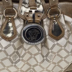 Versace Metallic Gold/Cream Signature Canvas And Leather Shoulder Bag For Women -Versace Official Website luxury women versace used handbags p519706 008