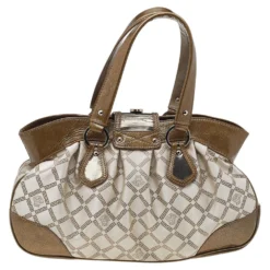 Versace Metallic Gold/Cream Signature Canvas And Leather Shoulder Bag For Women -Versace Official Website luxury women versace used handbags p519706 010