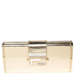 Versace Gold Karung Leather Crystal Flap Clutch For Women