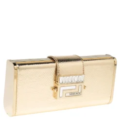 Versace Gold Karung Leather Crystal Flap Clutch For Women -Versace Official Website luxury women versace used handbags p542835 009
