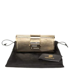 Versace Gold Karung Leather Crystal Flap Clutch For Women -Versace Official Website luxury women versace used handbags p542835 013