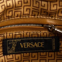 Versace Tan Logo Embossed Suede And Leather Charm Baguette Bag For Women -Versace Official Website luxury women versace used handbags p557967 004